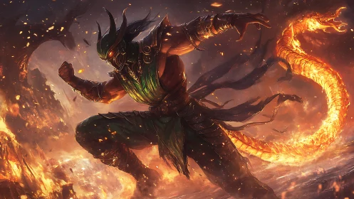 Fire serpent warrior in dynamic inferno battle stance.