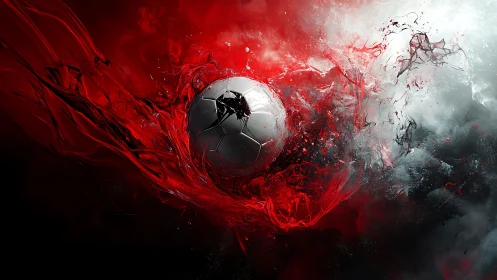 Exploding soccer ball amid red fluid energy and smoke vortex.