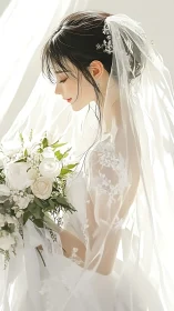 Luminous anime bride in lace veil cradling white roses softly.