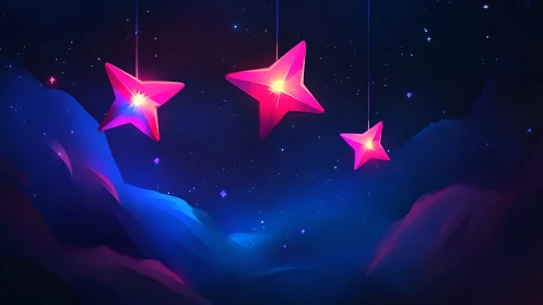 Suspended glowing pink star lanterns over stylized nebula valley