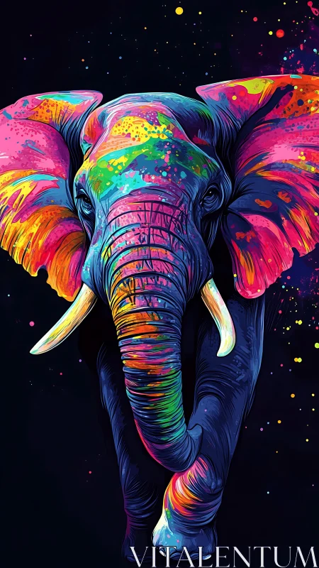 Vibrant cosmic elephant strides through neon starlight.
