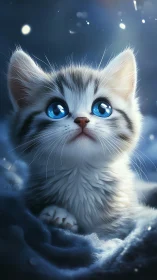 Sapphire-Eyed Winter Kitten Emerges from Crystalline Dreams.