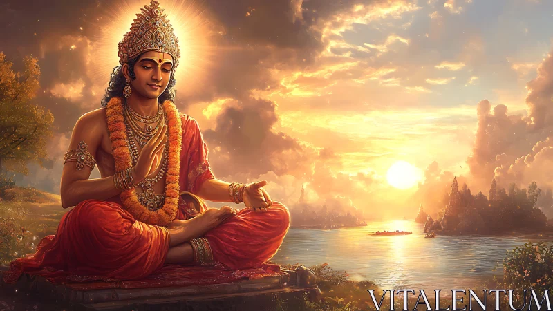 Serene deity meditates by glowing river at radiant sunset