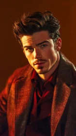 Warmly lit portrait captures a thoughtful man in rich reds