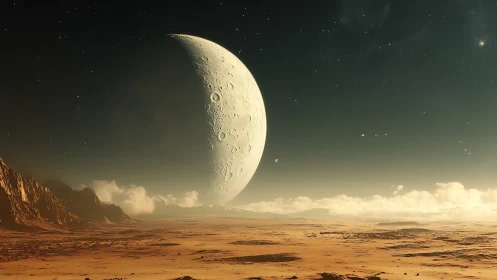 Crescent colossus leans over a tranquil alien desert dusk