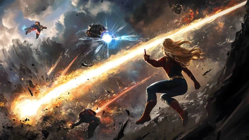 Epic superhero battle unfolds amid explosive cosmic skies.