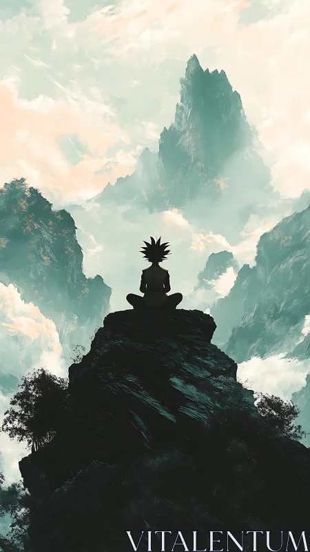 Solitary silhouette meditating atop misty mountain spire.