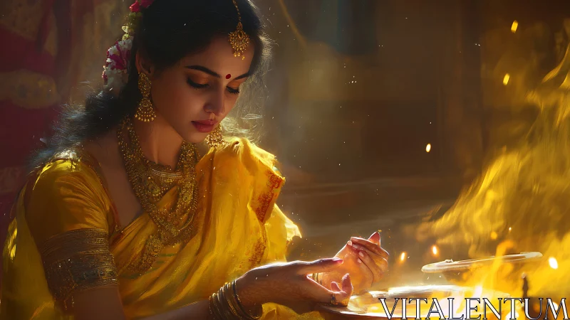 Luminous ritual glow around a serene woman in golden silk.