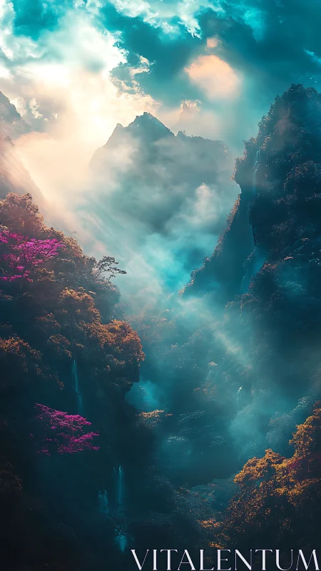 Mountain gorge with mist, waterfalls, and colored foliage.