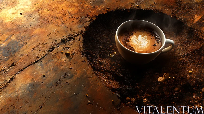 Cozy latte art cup resting in a warm, rustic coffee world.