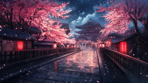 Lantern-lit cherry blossoms glow along a rainy temple street.