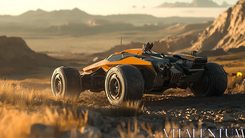 Solar-dusted desert rover prowls through cinematic badlands.