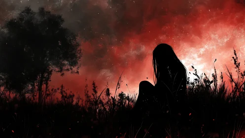 Silhouette of lone figure in field under red storm sky.