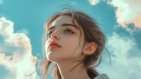 Atmospheric portrait study of upward gaze under cyan sky.