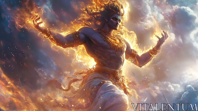 Radiant sky deity dancing through clouds and living flame.