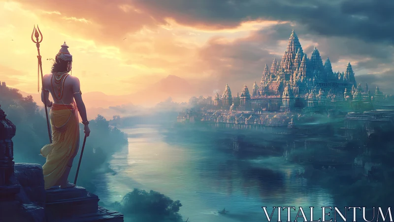 Mythic river guardian surveys luminous temple citadel at dawn