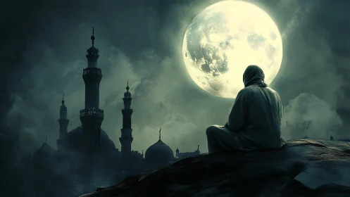 Solitary figure under full moon beside misty minarets.