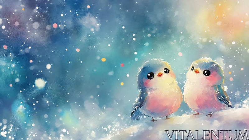 Cute watercolor birds in winter snow, dreamy pastel illustration.