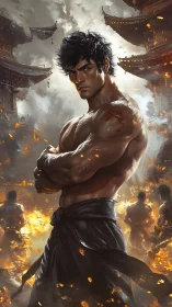 Warrior stands unshaken amid temple flames and rising smoke