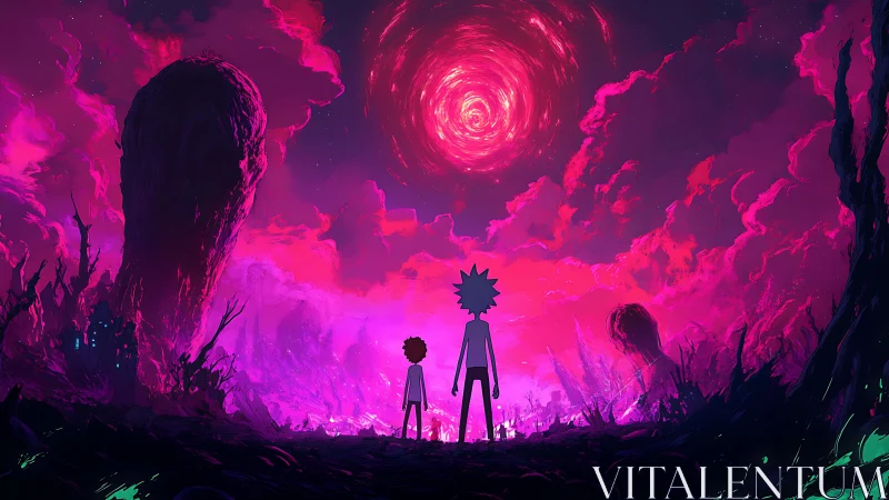 Two travelers gaze into a swirling neon alien sky.