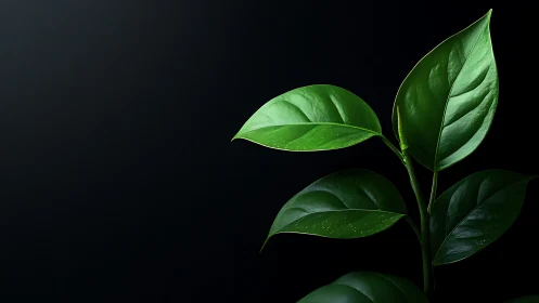Macro close-up of glossy green plant leaves on black background