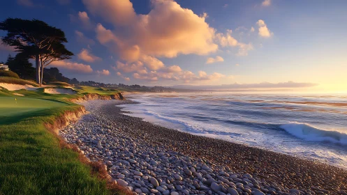 Golden coastal golf course overlooks a tranquil pebble shore.