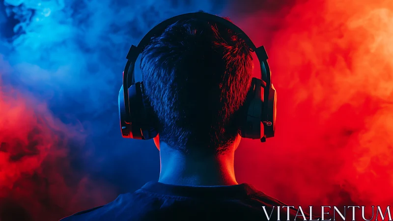 Immersed gamer listens deeply in bold blue and red light