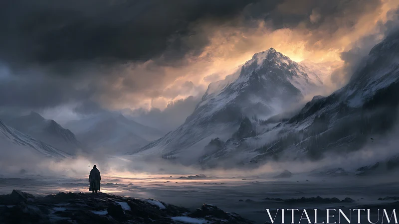 Epic digital painting of lone wanderer in glacial mountain pass.