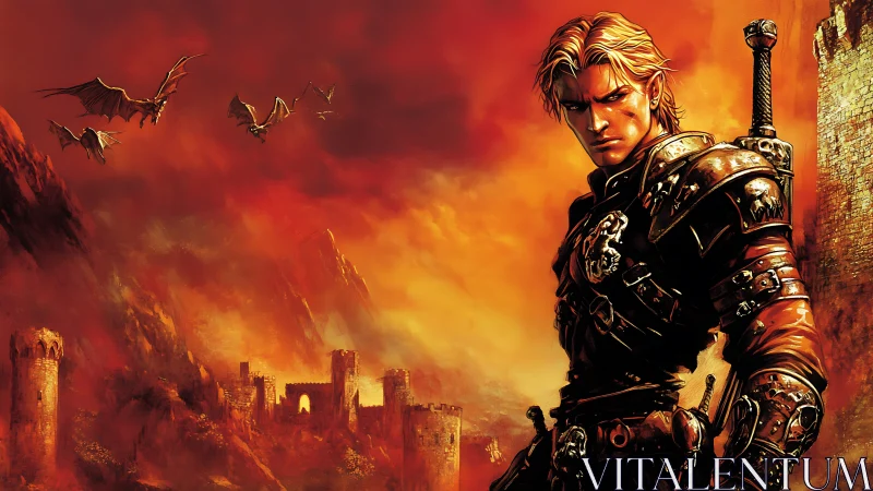 Armored fantasy warrior stands before burning dragon siege