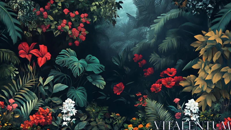 Lush tropical jungle with vivid red blossoms at twilight.