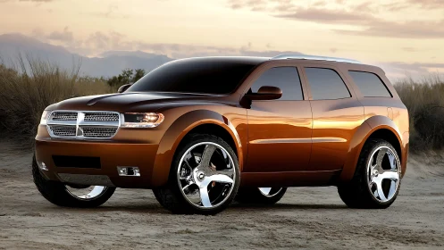 Bronze concept SUV reflects desert sunset on chrome body.