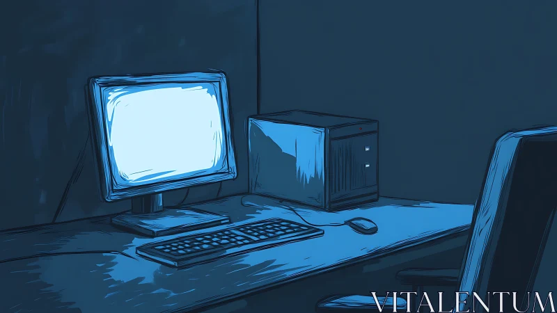 Quiet midnight desktop glows softly in a dim blue room