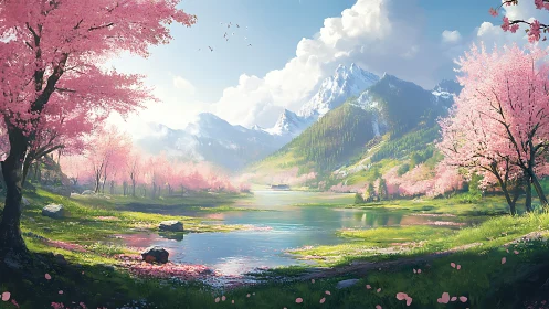Mountain lake reflects snowy peaks and pink blossom trees