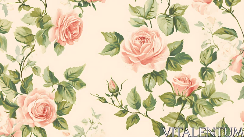 Seamless pattern of pink roses and green foliage on beige