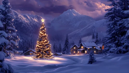 Cozy snowy village glowing around a magical Christmas tree.