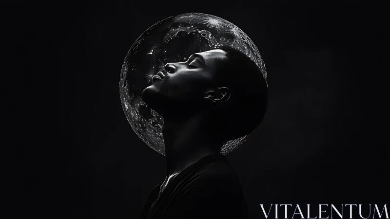 Silhouetted profile merges with lunar halo in deep shadow.