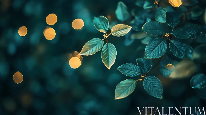 Glowing golden bokeh dances behind teal forest leaves.