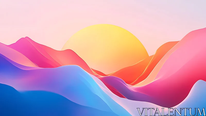 Gradient-lit abstract dunes curve around a central spectral sun