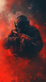 Armored tactical figure holding rifle in red smoke field.