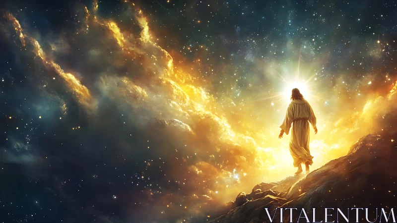 Radiant robed figure walks into cosmic golden lighted sky.
