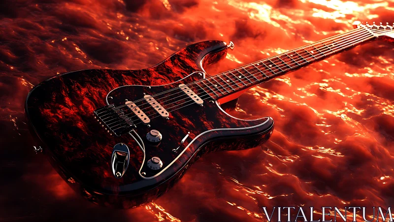 Molten-Stage Electric Guitar Drifting Over Liquid Firepool.