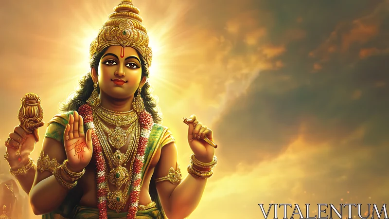 Hindu deity figure stands front lit against radiant sky