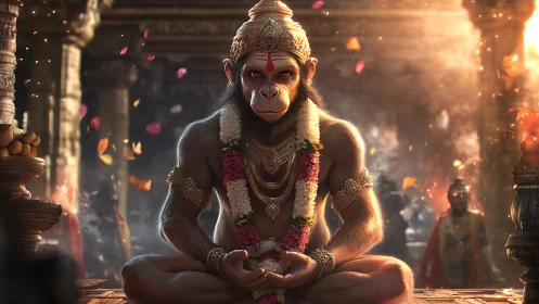 Serene monkey deity resting in golden temple glow of dusk.