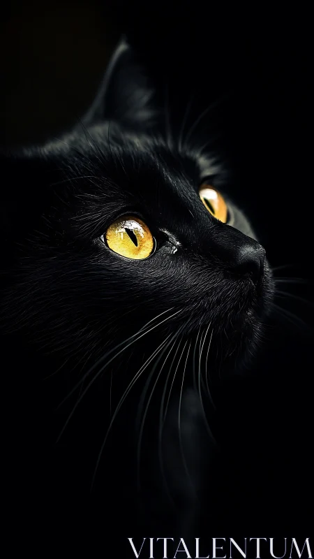 Black Cat with Luminous Golden Eyes Against Dark Background
