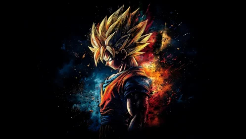 Fiery anime warrior stands poised in a storm of vivid power