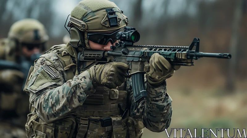 Modern soldier aiming rifle during tactical field drill.