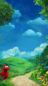 Red furry character explores bright cartoon meadow path.