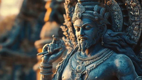 Detailed stone statue of crowned male deity in profile view.