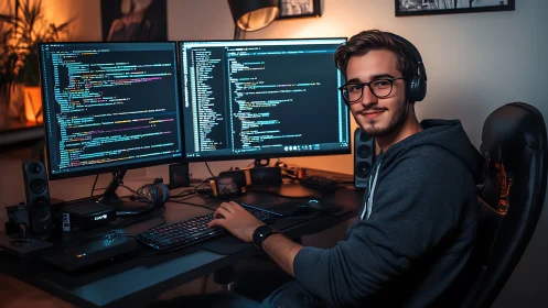 Photorealistic dual-monitor programmer workstation portrait.