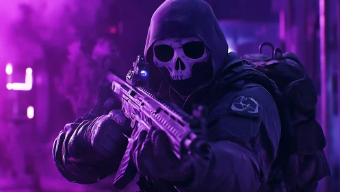 Tactical operator with skull mask in neon lit corridor.